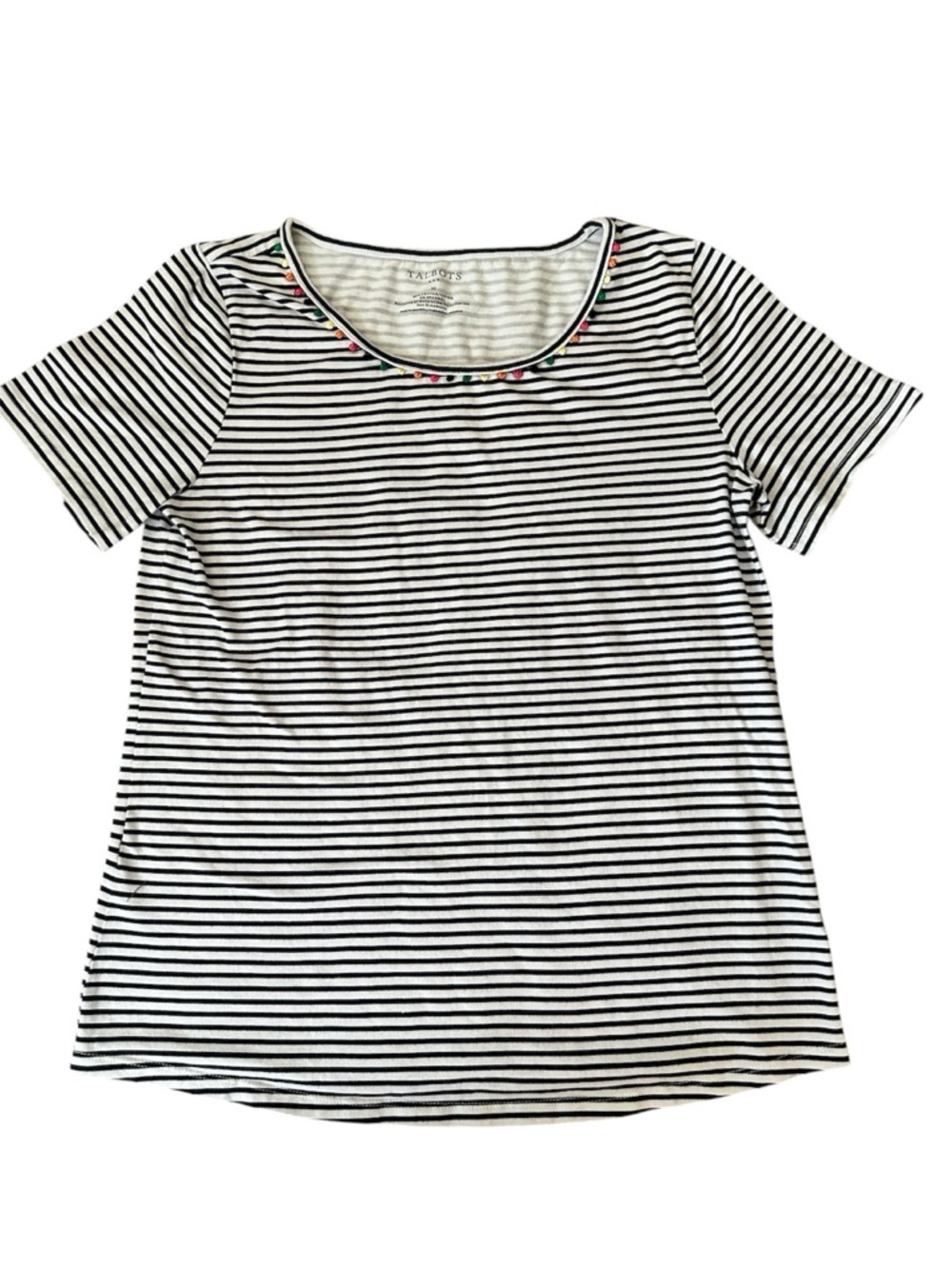 Talbots Navy & White Striped Short Pom Pom Trim Round Neck Women’s Tee Size Med.